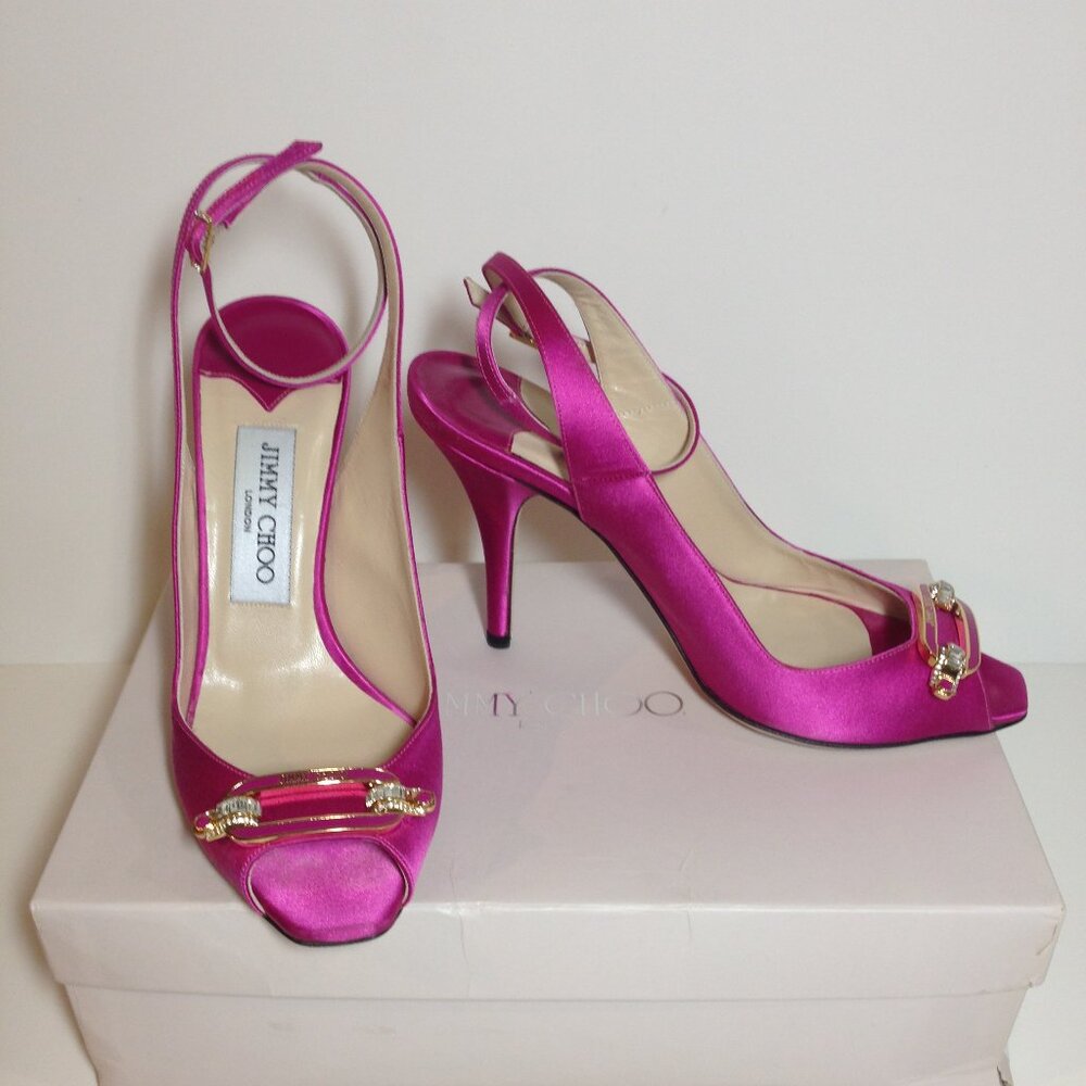 Jimmy Choo Satin/Leather Crystal Embellished Heels